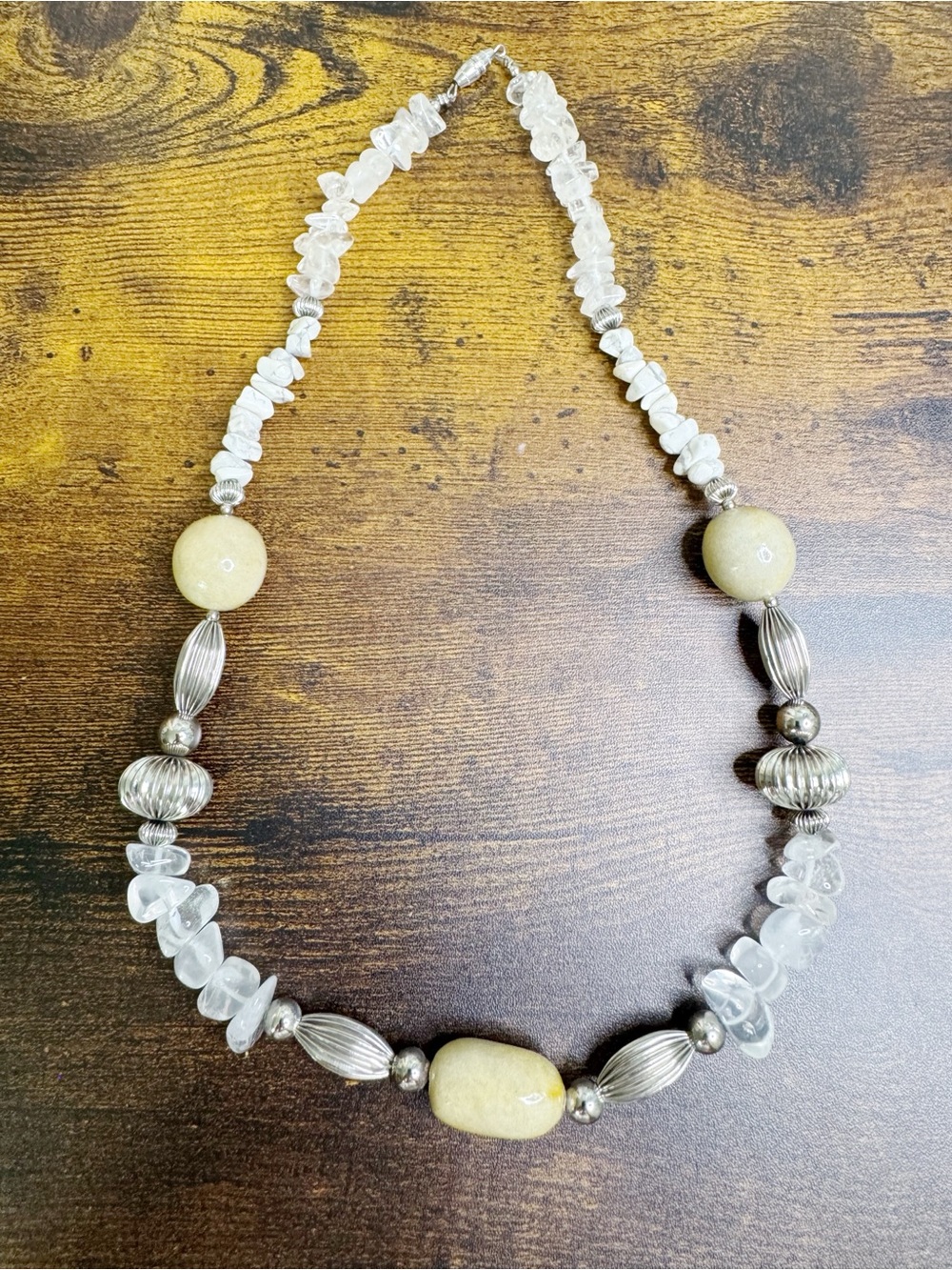 Hand Crafted Beige Stone and Clear Quartz Chip Necklace